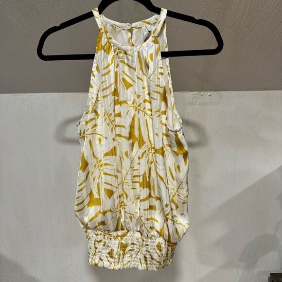 Joie Palm Leaf Print Smocked Waist Yellow and White Halter Top Blouse - Picture 9 of 9